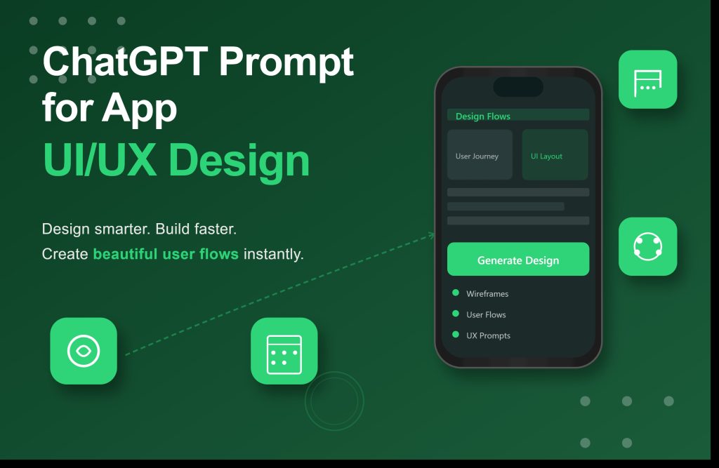 ChatGPT Prompt for App UI/UX Design featured image showing bold headline with bright green text on dark green background, 3D phone mockup displaying design wireframes and layouts, and decorative design icons