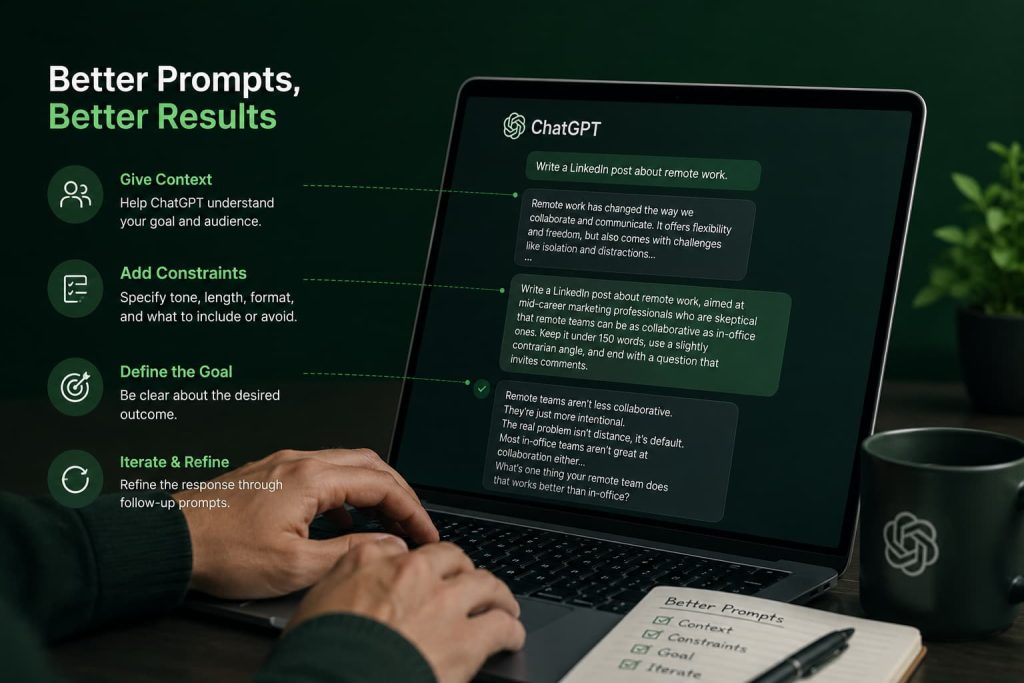 A person using ChatGPT on a laptop while an infographic explains how to write better prompts by providing context, adding constraints, defining goals, and refining responses. The illustration demonstrates how to use ChatGPT effectively to generate more accurate and useful AI answers.