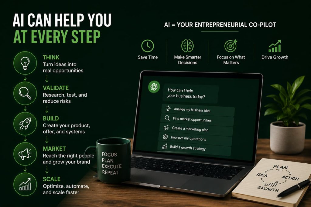 AI prompts for entrepreneurs illustrating the Think, Validate, Build, Market, and Scale framework for business growth using AI and ChatGPT