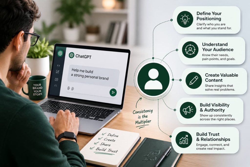 How to build a personal brand using ChatGPT prompts, including positioning, audience research, content creation, and brand visibility