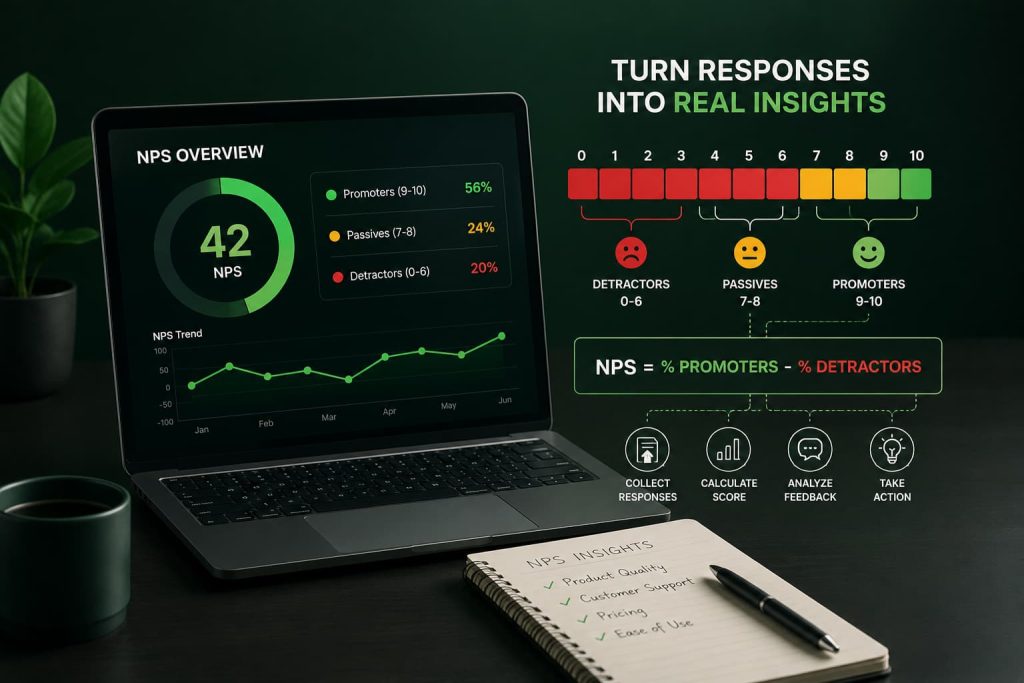 Net Promoter Score analysis workflow showing promoters, passives, detractors, and ChatGPT-powered customer feedback insights