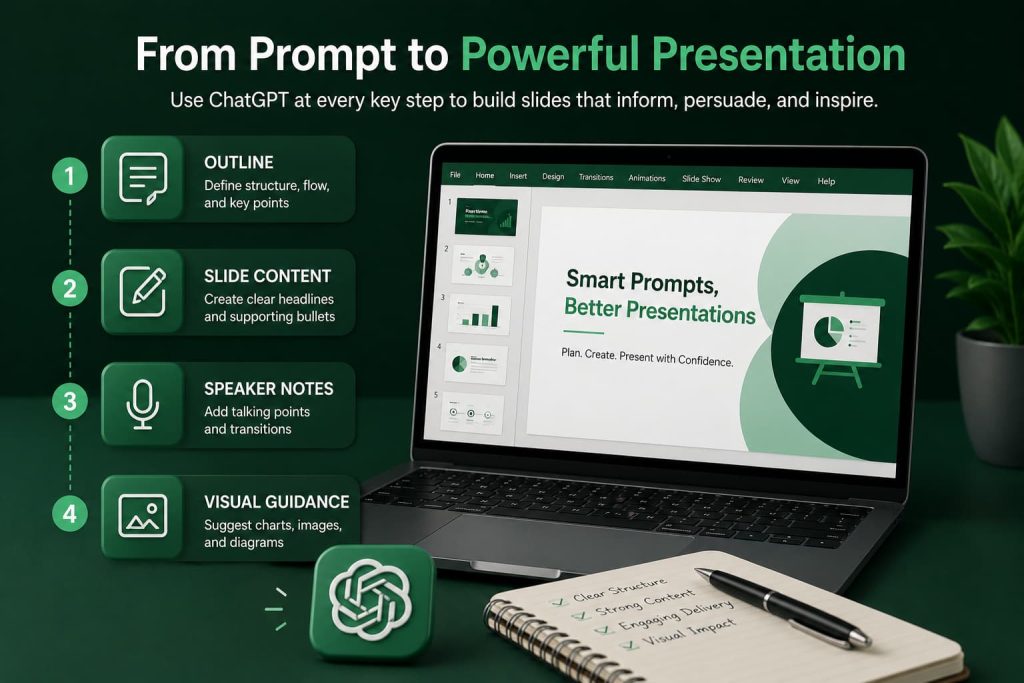 Step-by-step ChatGPT workflow for creating PowerPoint presentations, showing the process from presentation outline creation and slide content generation to speaker notes development and visual guidance for professional presentations.