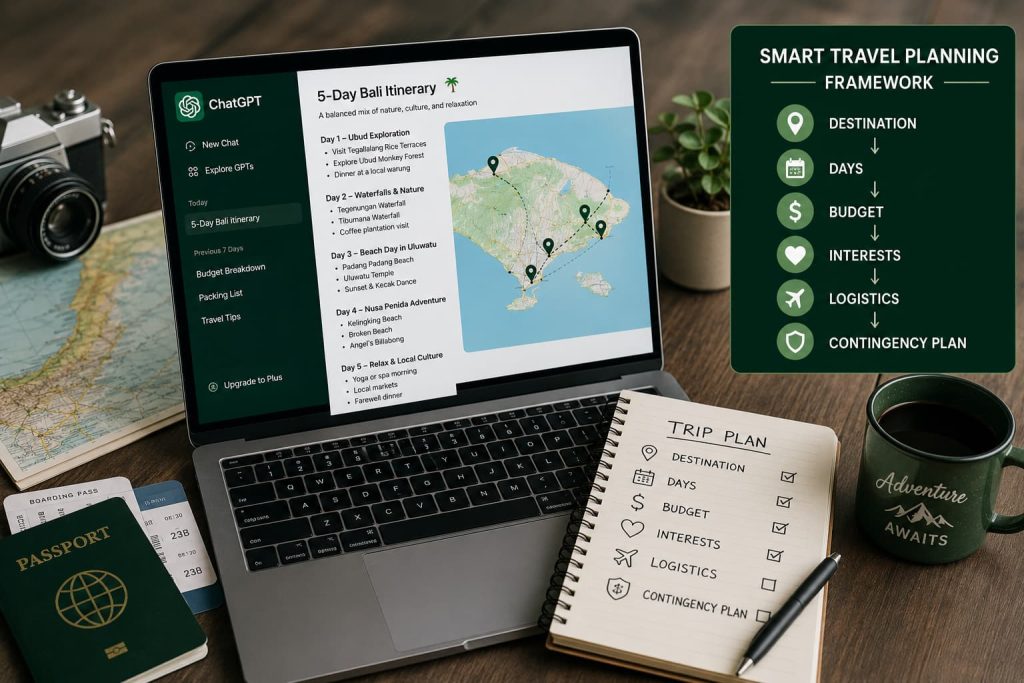 Traveler using ChatGPT Travel Itinerary Prompt to create a personalized vacation itinerary with destination planning, daily schedule, budget, and travel checklist.