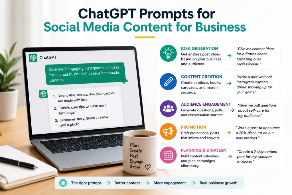 ChatGPT prompts for social media content for business helping entrepreneurs create engaging posts, captions, and marketing content with AI.