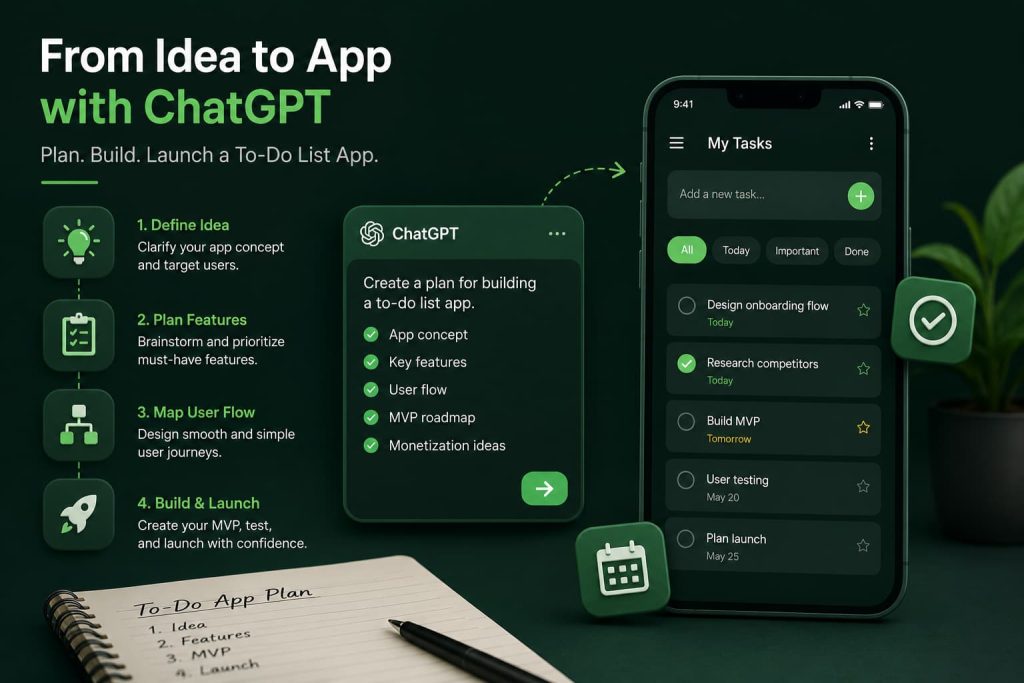 Workflow showing how ChatGPT helps plan a to-do list app from idea validation and feature planning to MVP development and launch