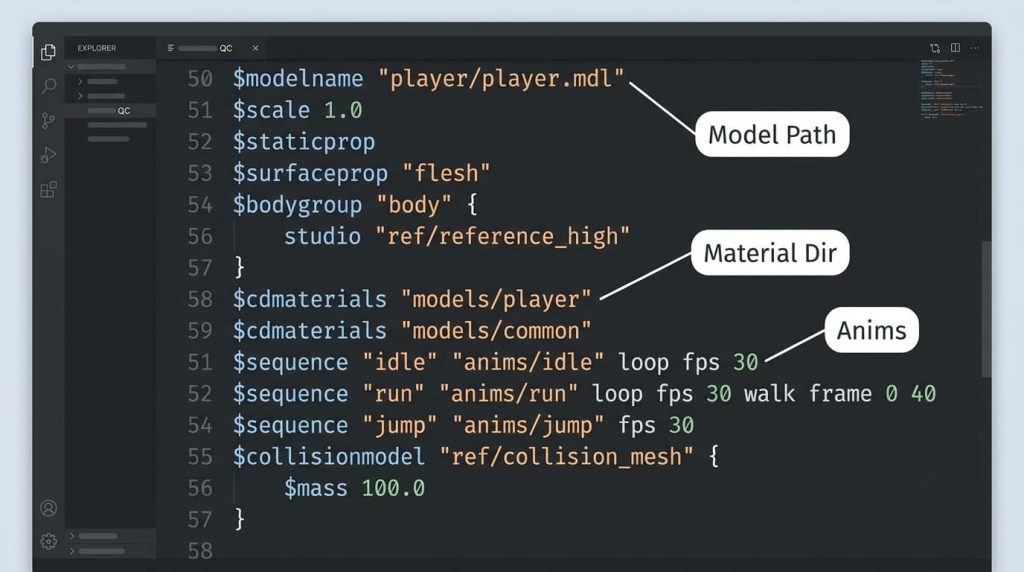 Close-up of annotated Source Engine QC script in a dark code editor, highlighting model path and material directory for custom game character development.