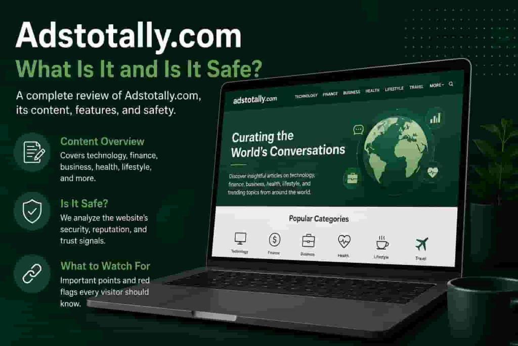 Adstotally.com website overview showing its content categories, security features, and online publishing platform