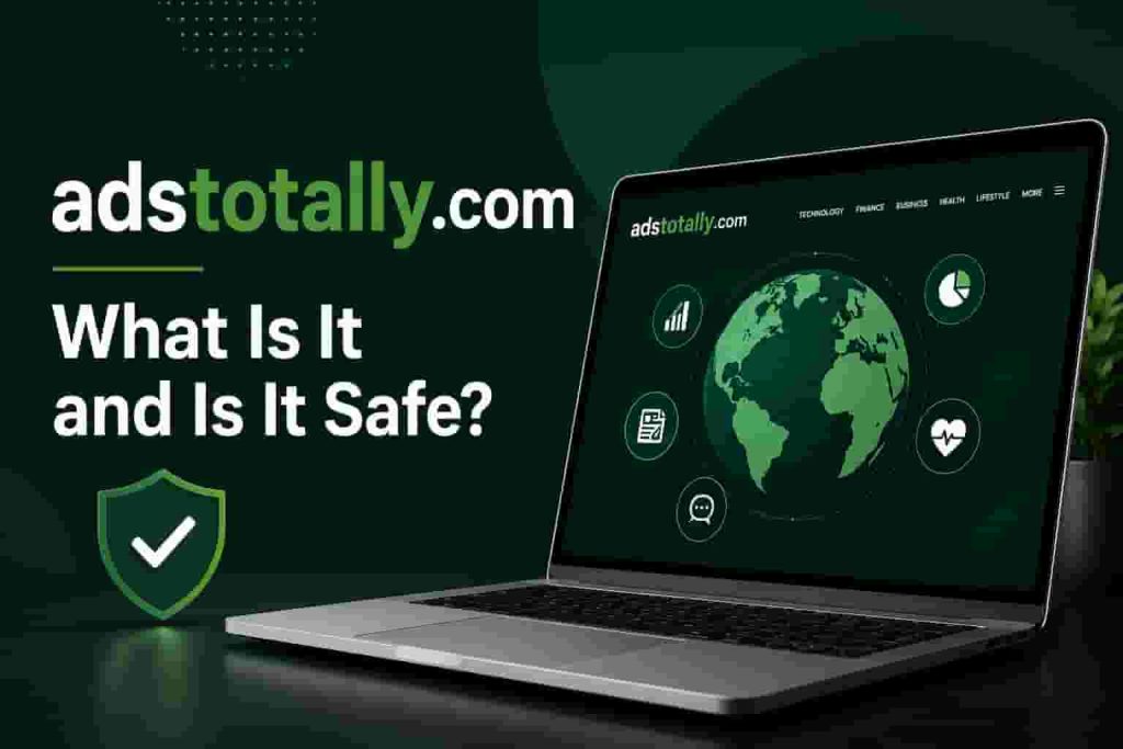 Adstotally.com website displayed on a laptop with a security shield and information about whether the site is safe