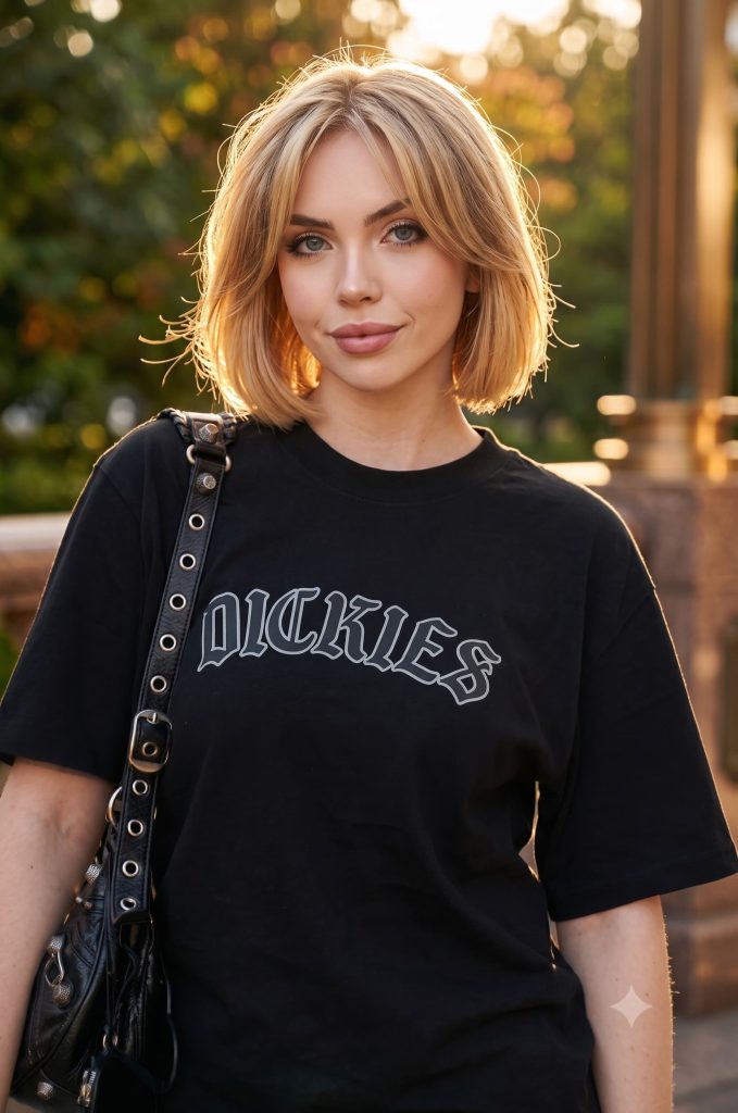 Blonde woman with a short bob haircut wearing a black Dickies t-shirt outdoors during golden hour.