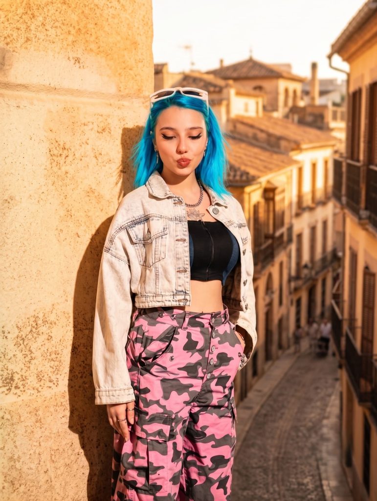 Woman with bright blue hair wearing a light denim jacket and pink camouflage cargo pants in an old European alleyway.