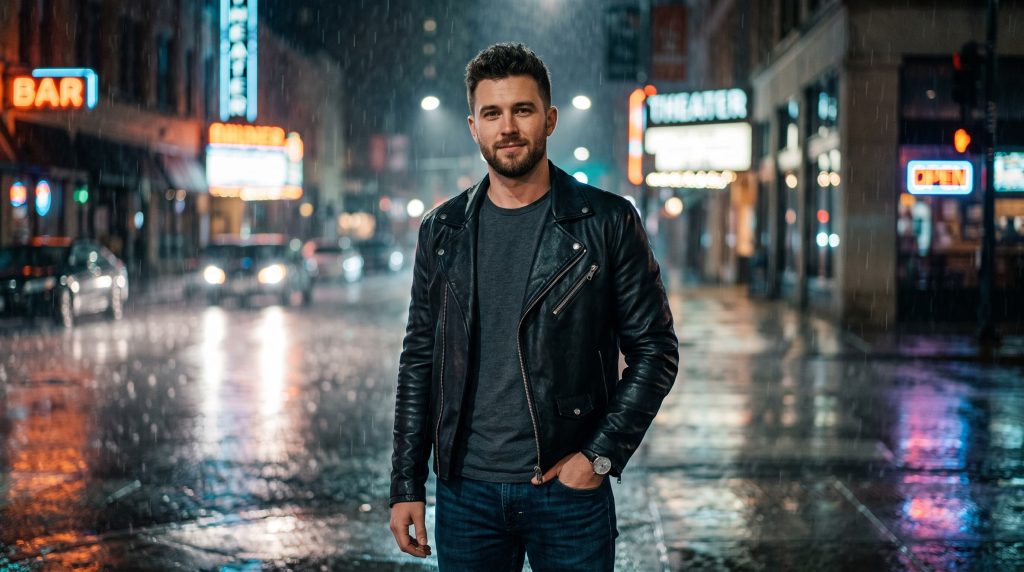 A confident man in a fitted black leather jacket and charcoal t-shirt standing on a rainy city street at night, with neon lights reflecting on the wet pavement.