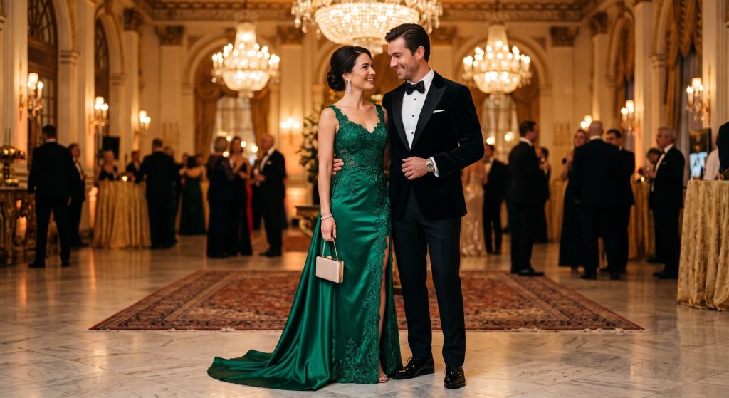 Elegantly dressed couple smiling at each other in a grand ballroom with chandeliers, the woman in a green lace-trimmed gown and the man in a tuxedo.