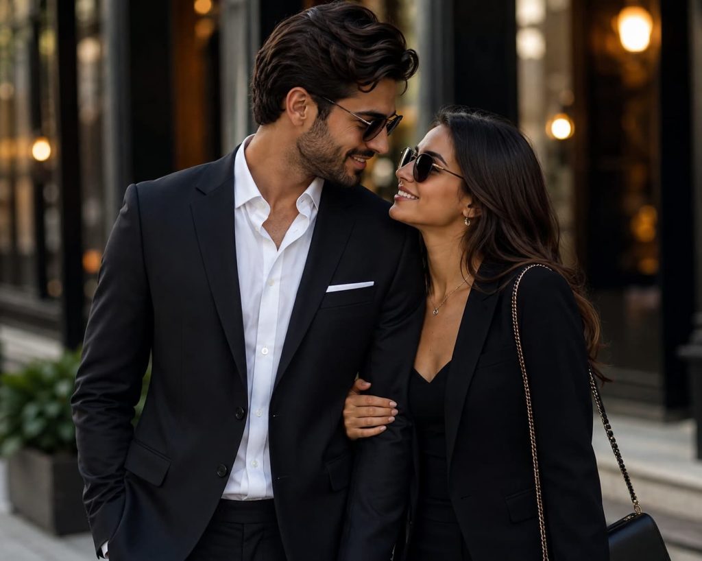 Stylish couple wearing black suits and sunglasses linking arms and looking at each other outdoors.