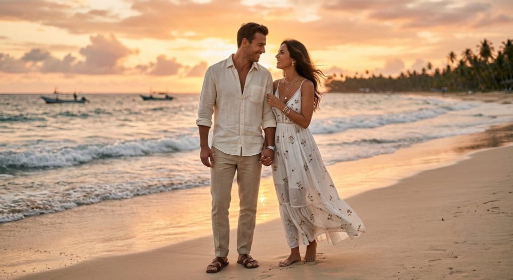 Couple holding hands and smiling at each other while walking along a tropical beach at sunset.