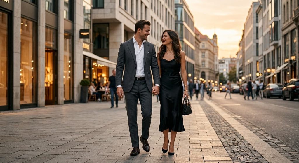 Well-dressed couple holding hands and smiling at each other while walking down a European city street at sunset.