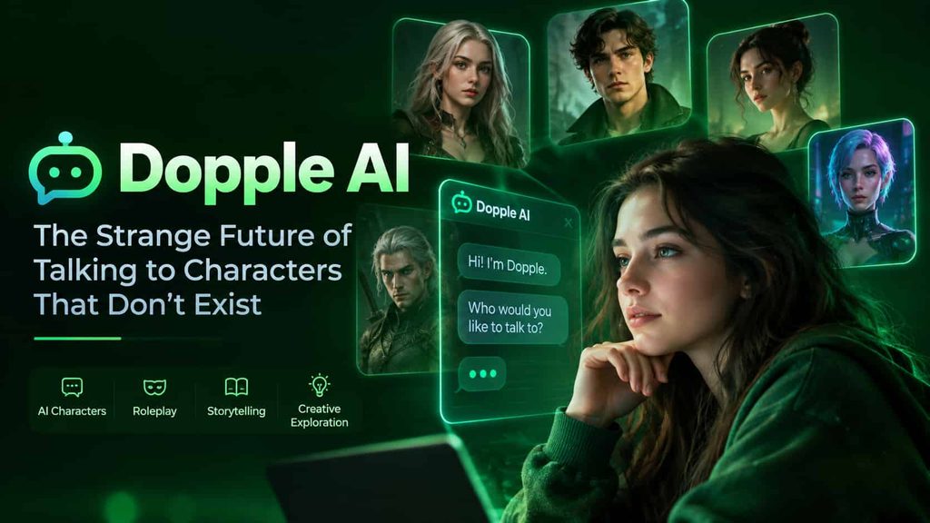 Dopple AI featured image illustrating AI character chat, roleplay conversations, virtual companions, storytelling, and immersive conversational AI in a dark green futuristic interface.
