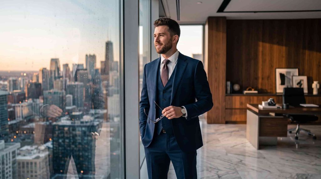 A young professional man in a tailored navy blue three-piece suit holding glasses, looking out a high-rise office window at the Chicago skyline during sunset.