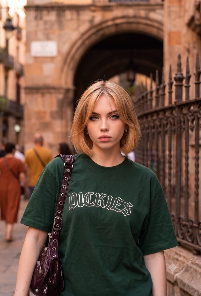 Blonde woman wearing a green Dickies t-shirt and shoulder bag on a European city street.
