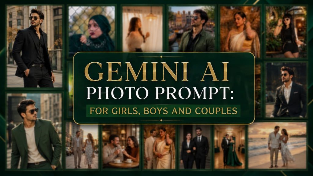 Gemini AI Photo Prompt for Girls, Boys and Couples featured image with stylish male and female portraits, romantic couple photography, dark green aesthetic collage, fashion portraits, AI-generated photo prompt examples and creative photography inspiration.
