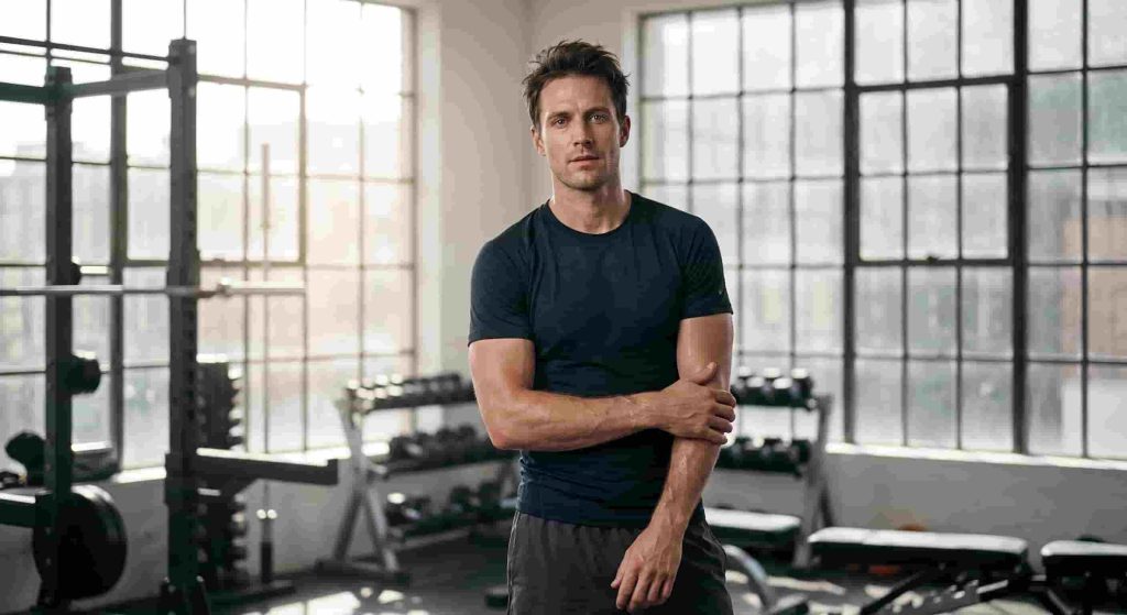 A fit, muscular man with an athletic physique wearing a tight black performance t-shirt and grey shorts, posing in a modern fitness center with weights and windows.