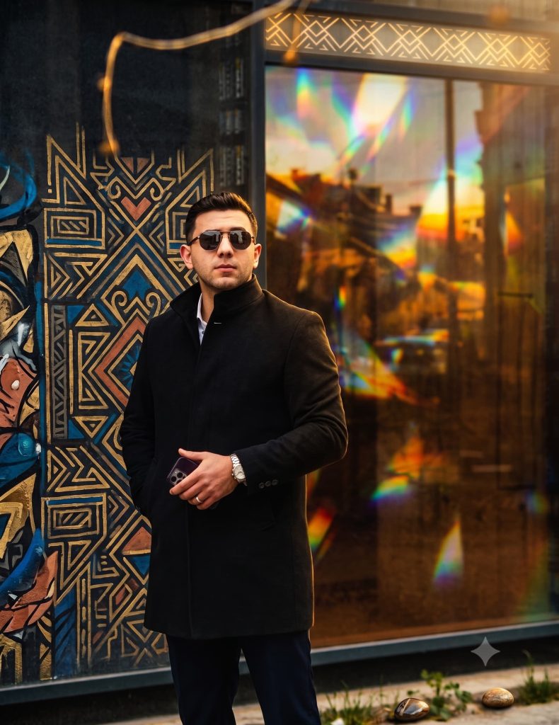 Man wearing a black overcoat and round sunglasses holding a smartphone outside a storefront with colourful window reflections.