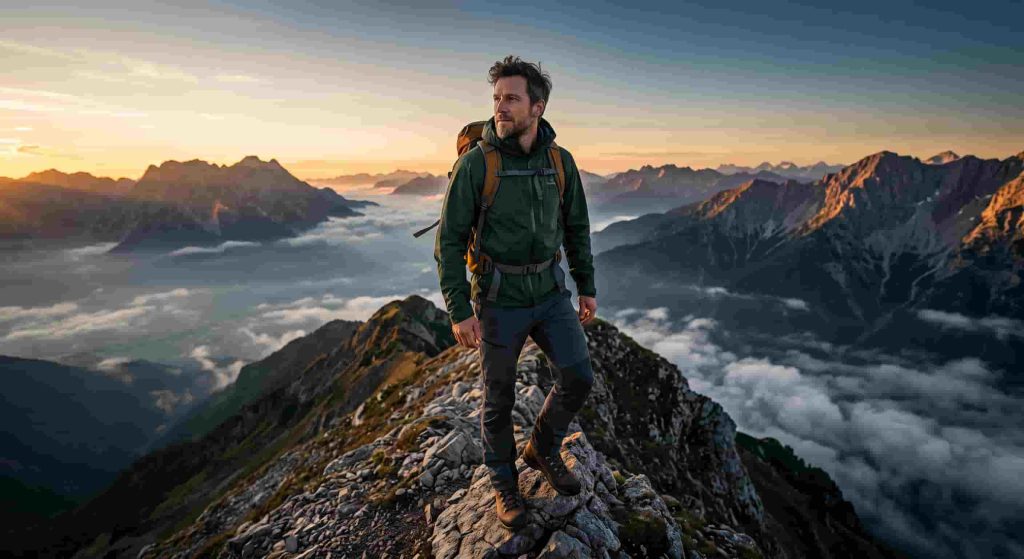 A male hiker with a backpack standing on a rocky mountain summit at sunrise, looking out over a sea of clouds and distant alpine peaks in a dramatic landscape.
