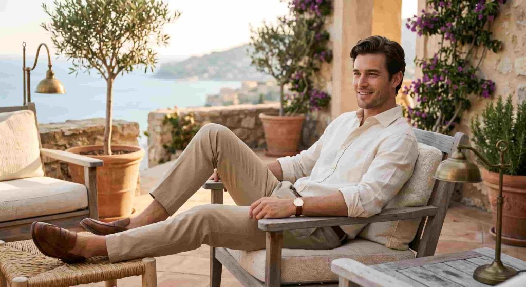 A smiling, well-dressed man in a beige linen shirt and chinos relaxing on a luxury wooden patio lounge chair. The background is a stunning Mediterranean sea and coastal town view, with potted olive trees and purple bougainvillea flowers creating a relaxing summer atmosphere.
