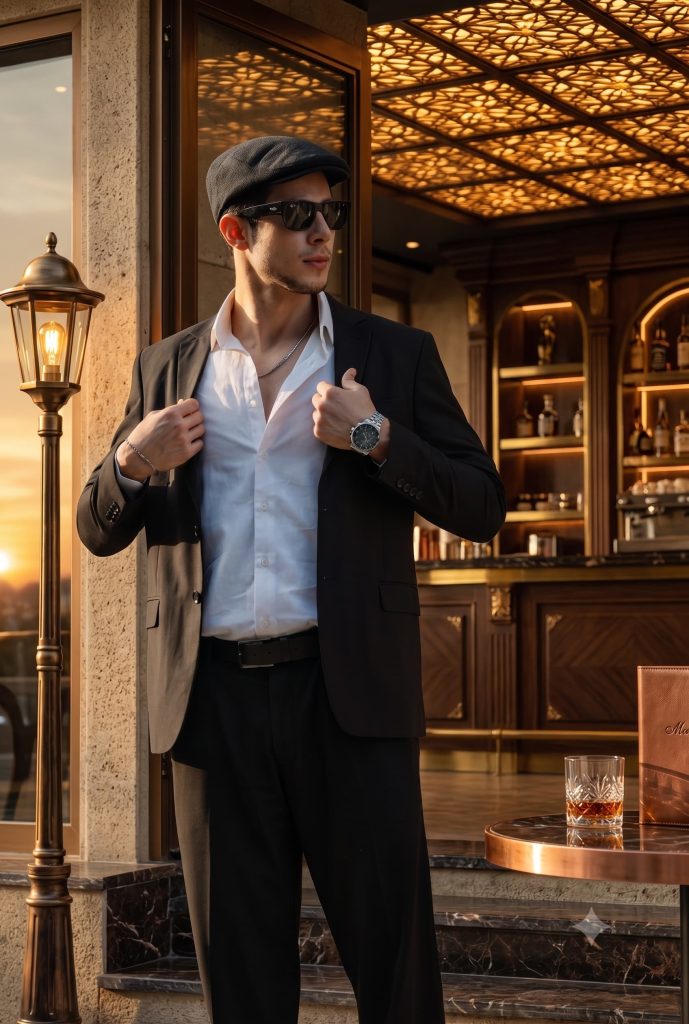 Man wearing a black suit, unbuttoned white shirt, flat cap, and sunglasses holding his jacket lapels outside a luxury lounge.
