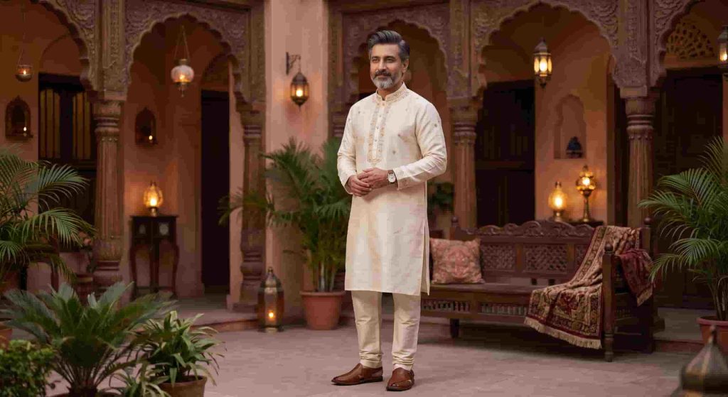 Dignified South Asian man with gray hair and beard stands in an ornate Haveli courtyard, wearing an elegant ivory Panjabi-style tunic with gold embroidery, matching trousers, and brown leather sandals. The background features carved wooden arches, plants, and traditional brass lamps. This image showcases cultural men's wear and traditional South Asian architecture.
