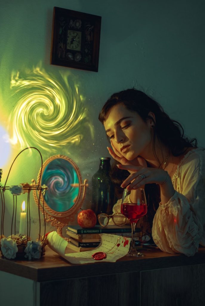 Woman resting her head on her hand at a desk with a glowing green light swirl, a glass of red wine, and a mirror.
