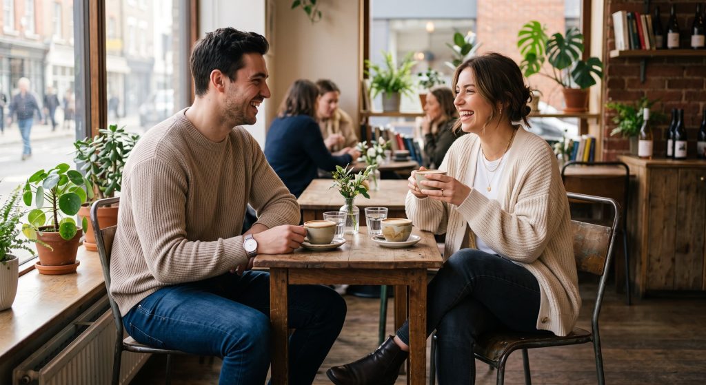 Smiling young man and woman sitting at a wooden table laughing together over cups of coffee in a cozy cafe.