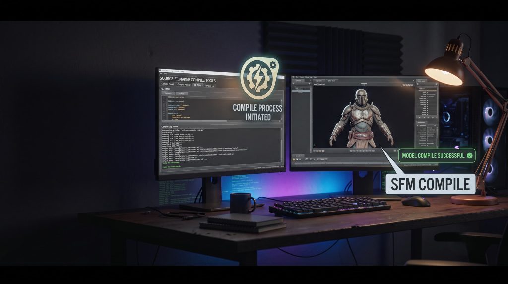 Dual-monitor workstation setup demonstrating an SFM compile process, showing Source Filmmaker compile code on the left screen and a fully textured 3D character model with a successful compile notification on the right.