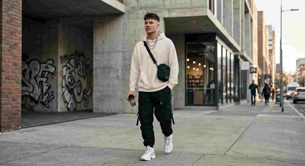 A young man walking confidently on an urban sidewalk wearing a cream-colored oversized hoodie, black cargo pants, and white sneakers, holding a coffee cup.