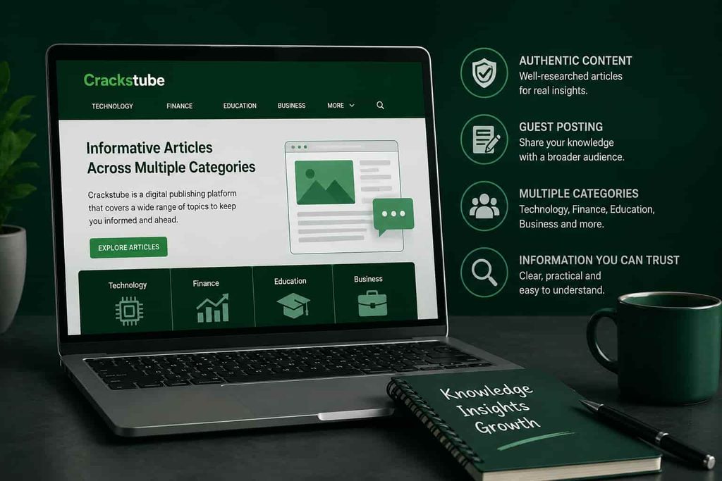 Crackstube website displayed on a laptop showing articles across technology, finance, education, and business categories