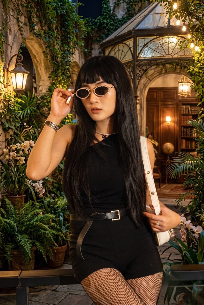 Woman with long black hair and bangs wearing oval sunglasses, a black outfit, and fishnet tights in a garden courtyard.