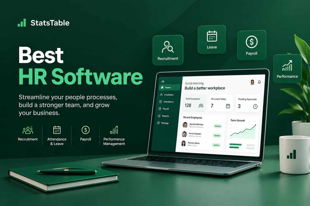 Best HR Software dashboard with recruitment, payroll, attendance tracking, and employee performance management in a modern dark green HR platform.