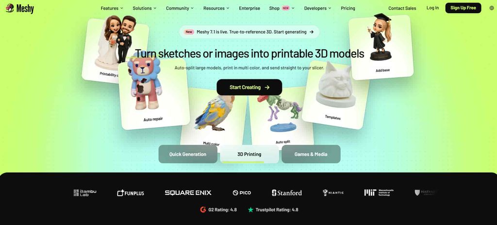 the screenshot showing the homepage of meshy ai website