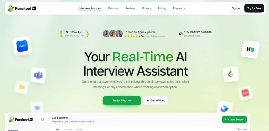 this image is showing the homepage of ParakeetAI